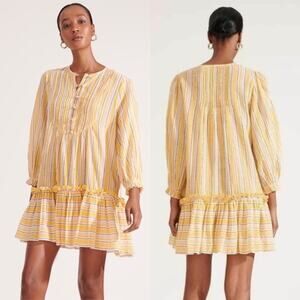 Veronica Beard Tibbett Bib Tiered Mini Dress Cover Up Yellow Pink Gold Stripe XS